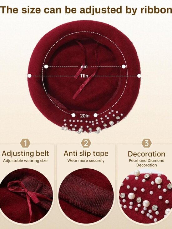Women\'s Classic French Wool Beret Pearl & Rhinestone Embellishment Hat Burgundy main image 7